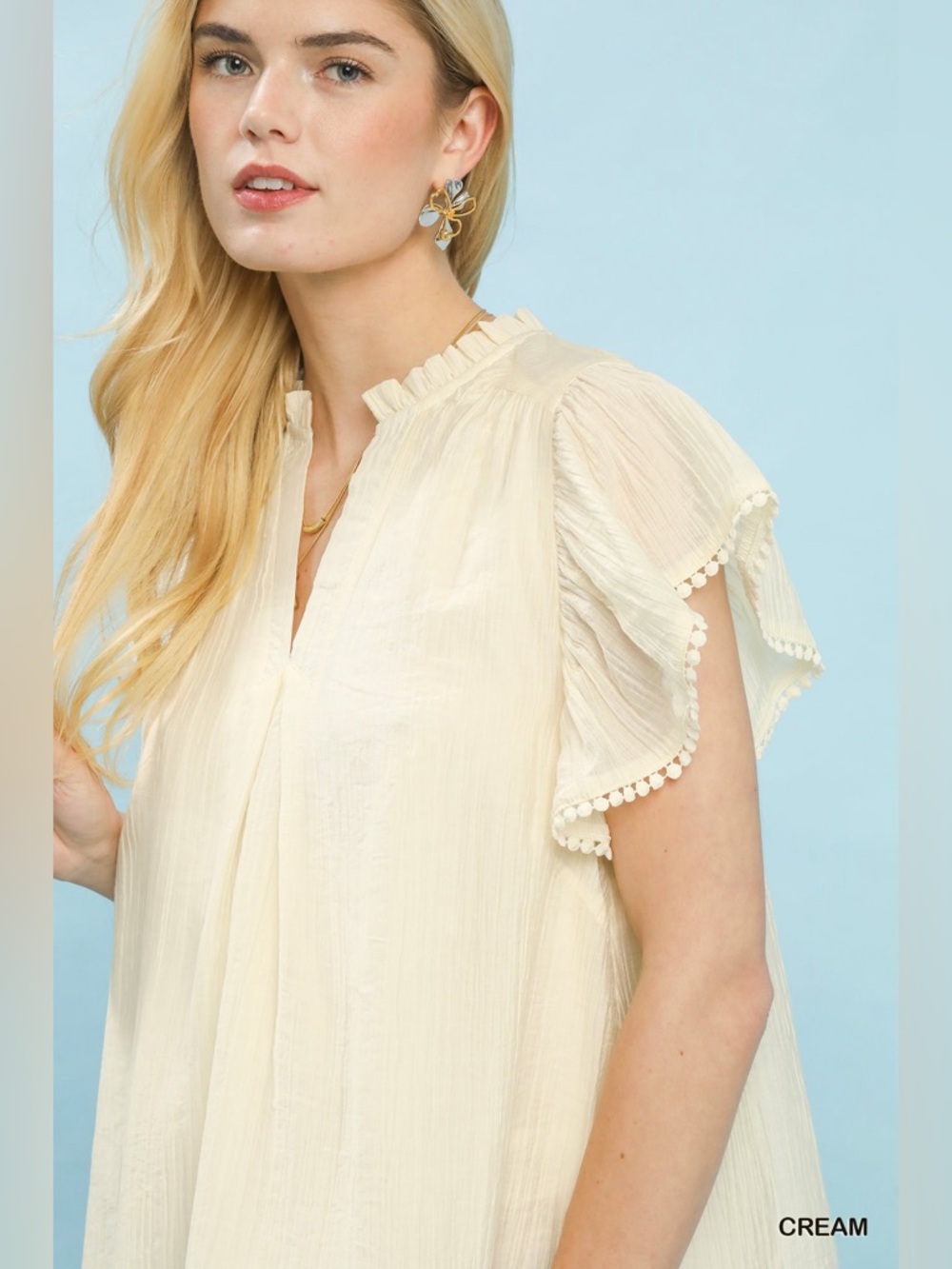 Umgee Flutter Sleeve Relaxed Top with Trim Detail - Picture 5 of 6